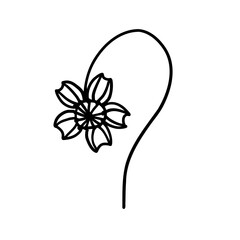 Flower in outline doodle flat style for coloring. Simple floral element plant leaves decorative design. Hand drawn line art. Creative sketch. Vector illustration isolated on white background.