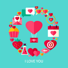 Fototapeta na wymiar I Love You Greeting Card. Flat Poster Design Vector Illustration. Collection of Valentine Day Holiday Objects.