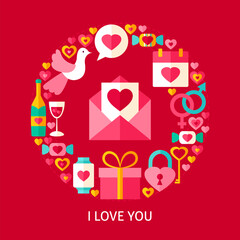 Fototapeta na wymiar I Love You Postcard. Flat Poster Design Vector Illustration. Collection of Valentine Day Holiday Objects.
