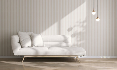 Modern white cushion linen day bed sofa, wooden leg, pillow, pendant light in sunlight, leaf shadow on beige brown vertical stripe wallpaper wall, parquet floor for interior design background 3D