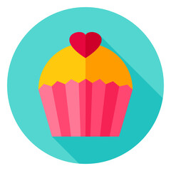 Lovely Cupcake Circle Icon. Flat Design Vector Illustration with Long Shadow. Happy Valentine Day Symbol.