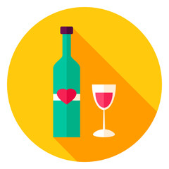 Lovely Wine Circle Icon. Flat Design Vector Illustration with Long Shadow. Happy Valentine Day Symbol.