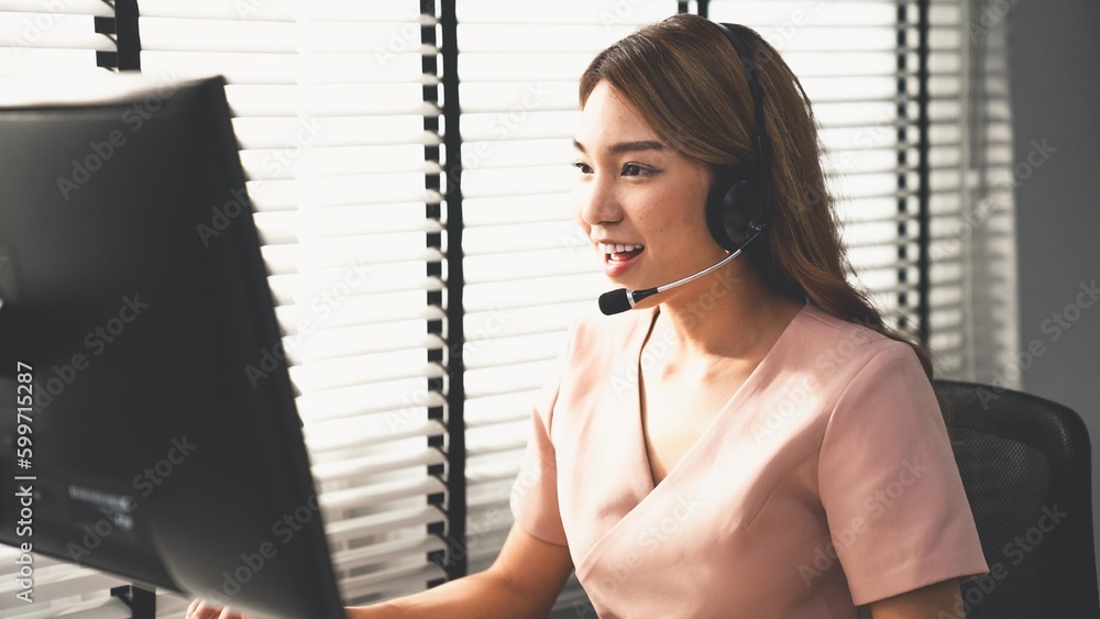 Poster competent female operator working on computer and while talking with clients. concept relevant to bo