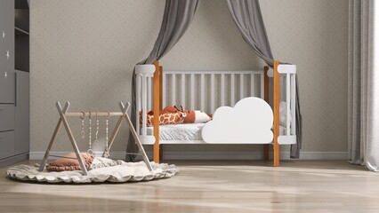 Luxury, cozy toddler bedroom with modern white kid cot bed with canopy, baby gym with brown cushion pad in sunlight on vintage design wallpaper wall for children interior design background 3D