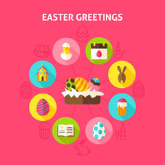 Concept Easter Greetings. Vector Illustration of Spring Holiday Infographics Circle with Flat Icons.