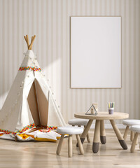 Blank large white photo poster frame with wood edge in cute modern children living room, kid teepee tent, small wooden table and chair on parquet floor, beige white stripe wallpaper wall background 3D