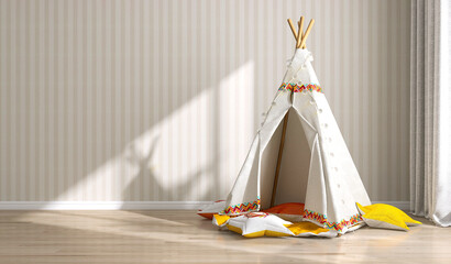 Cream fabric kid teepee tent, string light, cute red and yellow cushion pad in sunlight on cream white stripe wallpaper wall, parquet floor for children interior design bedroom background 3D © Sue Tansirimas