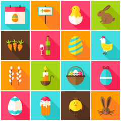 Fototapeta premium Spring Easter Colorful Icons. Vector Illustration. Happy Holiday. Set of Flat Rectangle Items with Long Shadow.