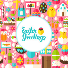 Flat Easter Greetings Postcard. Vector Illustration Spring Holiday Poster.