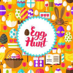 Flat Egg Hunt Postcard. Vector Illustration Spring Holiday Poster. Happy Easter.
