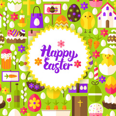 Obraz premium Flat Happy Easter Postcard. Vector Illustration Spring Holiday Poster.