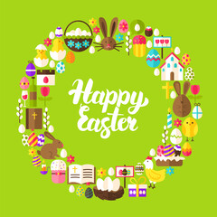 Fototapeta na wymiar Easter Greetings Flat Circle. Collection of Happy Spring Holiday Items Isolated over White.