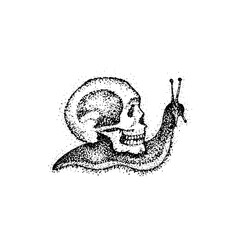 Fototapeta na wymiar Dotwork Slow Snail as Death. Vector Illustration of Boho Style T-shirt Design. Hipster Tattoo Hand Drawn Sketch with Skull.