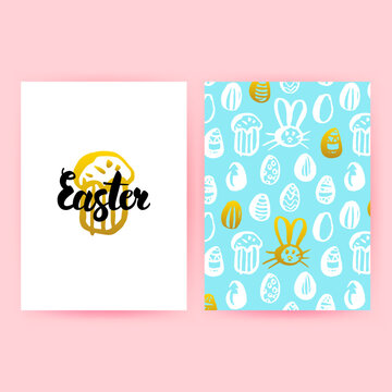 Easter 80s Style Posters. Vector Illustration of Trendy Pattern Design with Handwritten Lettering.