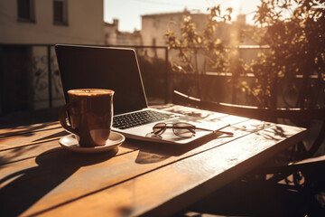 Hot cup of morning coffee on a terrace outside with laptop. Cozy relaxing environment to enjoy an espresso and work. Ai generated