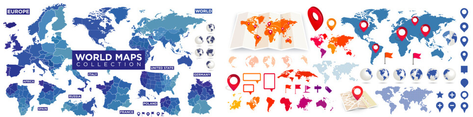 World map, countries, icons