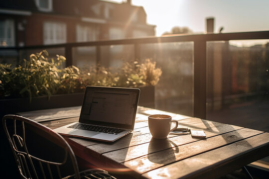 Hot cup of morning coffee on a terrace outside with laptop. Cozy relaxing environment to enjoy an espresso and work. Ai generated