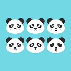 Flat Panda Faces. Vector Illustration of Cute Animal Emotional Heads.