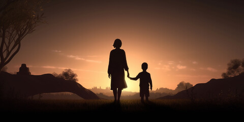 Fototapeta na wymiar Silhouettes Mom with son at sunset hold hands. children's day, generativ ai