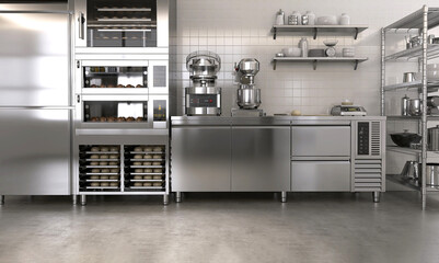 Commercial, professional bakery kitchen and stainless steel convection, deck oven, freezer, refrigerator, kneading machine, table, cabinet, bread, bun and ingredient for baking, business background 3D