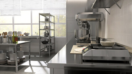 Close up professional scale on stainless steel cabinet, kneading machine, pizza dough in industrial bakery kitchen, table, shelf, kitchenware equipment, machine in sunlight from window background 3D