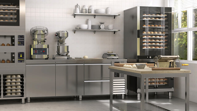 Commercial; professional bakery kitchen and stainless steel convection; bread bun baking in deck oven; kneading machine; pasta dough on table; cabinet and ingredient for baking business background 3D