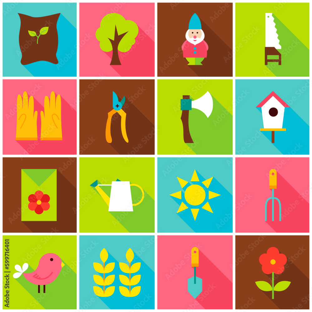 Aufkleber spring garden colorful icons. vector illustration. nature set of flat rectangle items with long shad