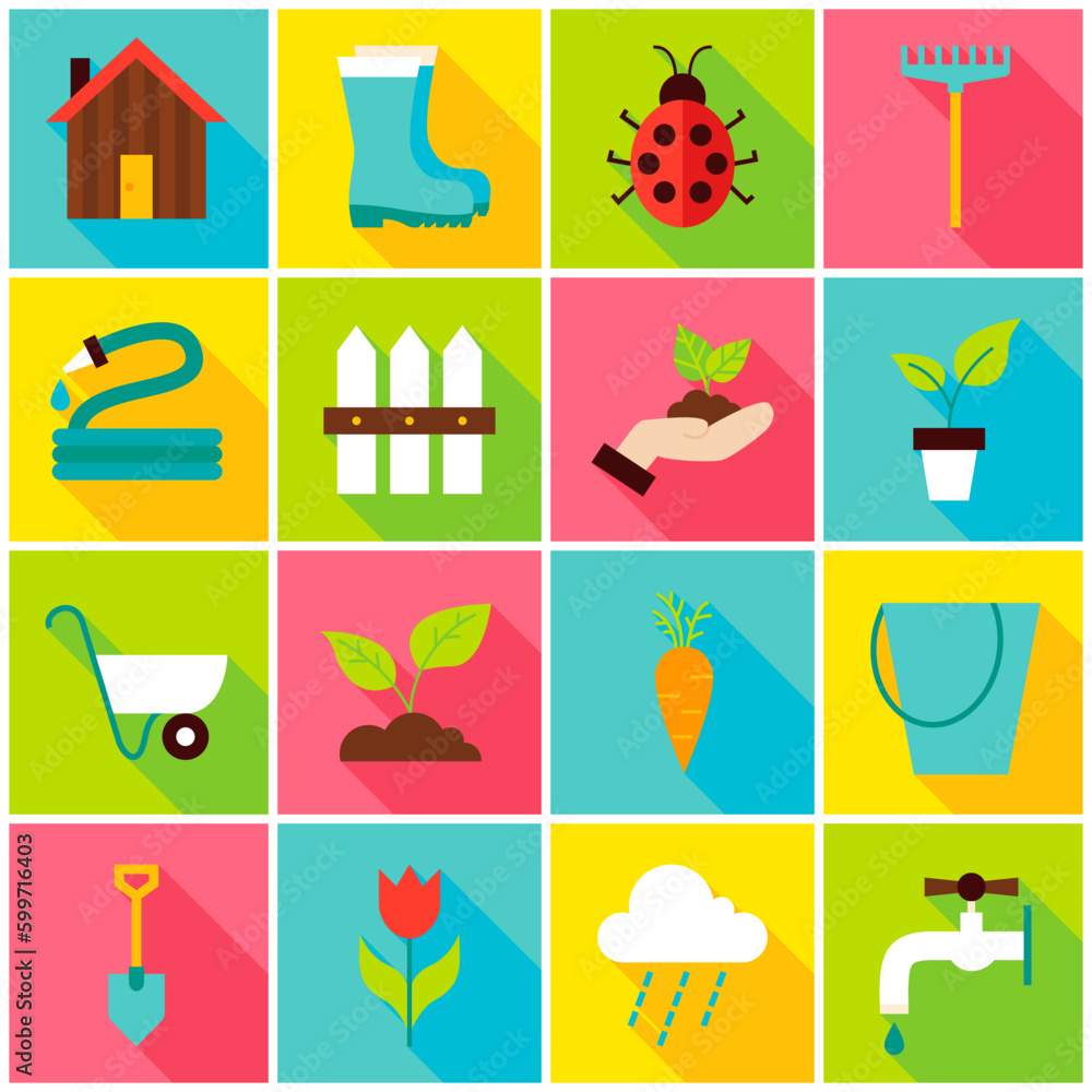 Poster spring gardening colorful icons. vector illustration. nature set of flat rectangle items with long s