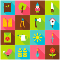 Spring Garden Colorful Icons. Vector Illustration. Nature Set of Flat Rectangle Items with Long Shadow.