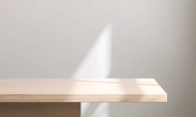 Empty minimal natural wooden table counter podium, beautiful wood grain in sunlight, shadow on white wall for luxury cosmetic, skincare, beauty treatment, decoration product display background 3D