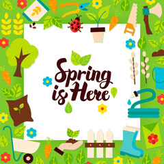 Fototapeta na wymiar Spring is Here Paper Template. Vector Illustration Flat Style Nature Garden Poster with Lettering.