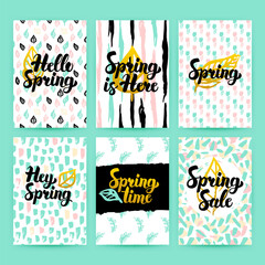 Spring Nature Trendy Posters. Vector Illustration of 80s Style Postcard Design with Handwritten Lettering.