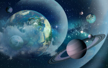Space fantastic landscape with transparent planets, galaxies, nebulae, stars for wallpaper or ceiling in the interior