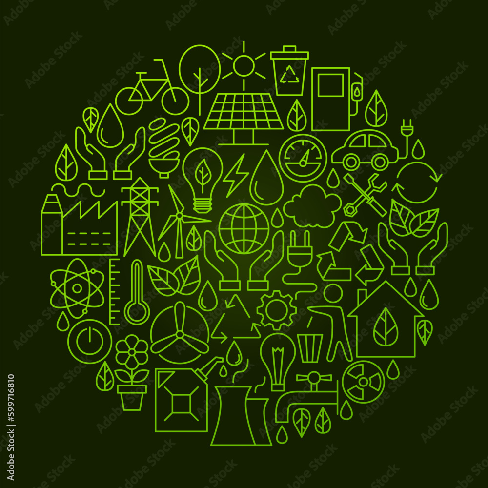 Poster ecology line icon circle concept. vector illustration of green power and environment objects.