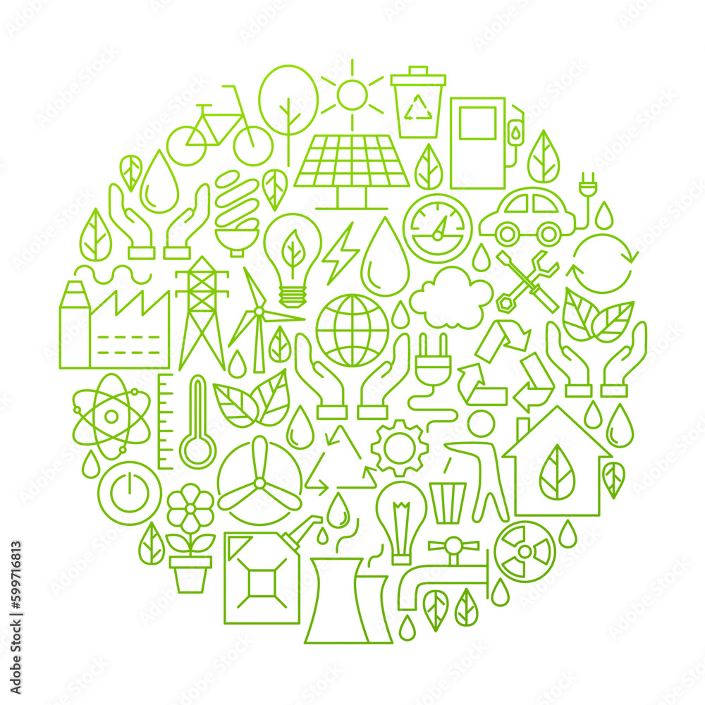 Poster ecology line icon circle design. vector illustration of green power and environment objects.