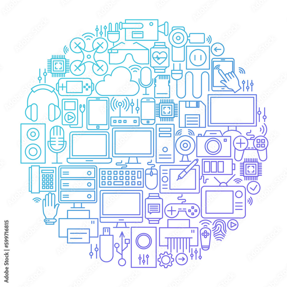 Poster gadget line icon circle design. vector illustration of technology and electronics objects.