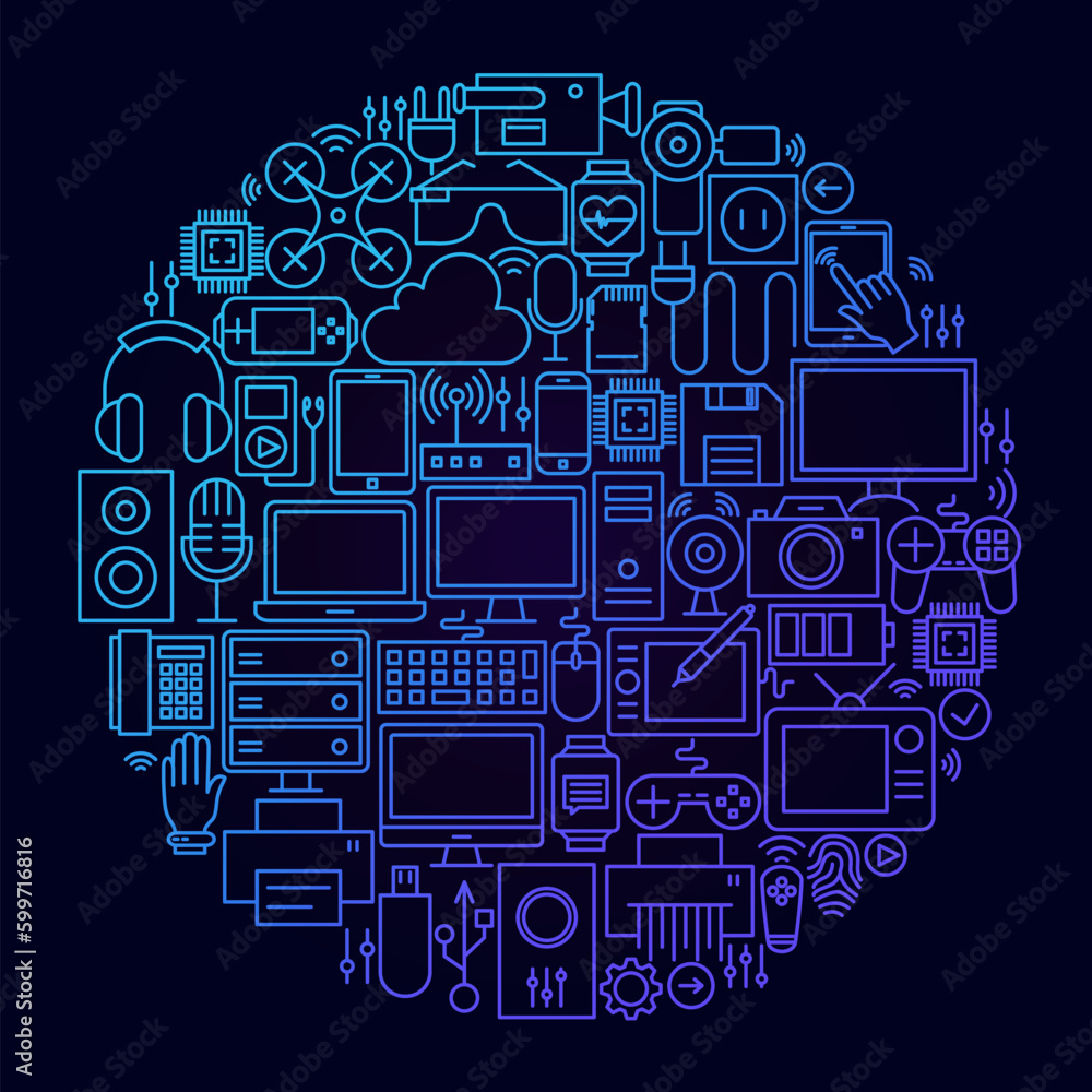 Poster gadget line icon concept circle. vector illustration of technology and electronics objects.