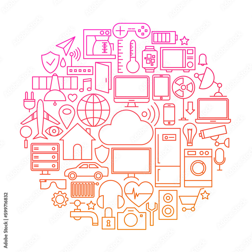 Poster internet of things line icon circle. vector illustration of smart home technology objects.
