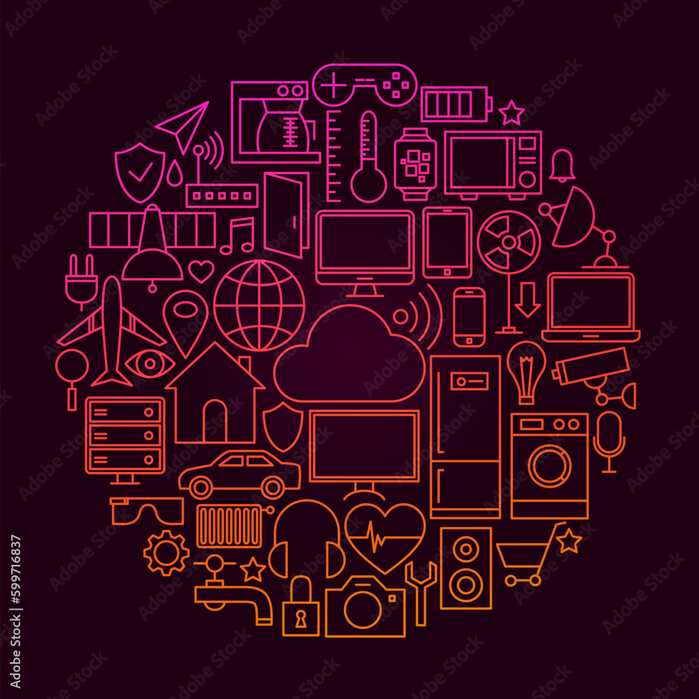 Poster internet of things line icon concept. vector illustration of smart home technology objects.