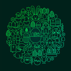 Easter Line Icon Concept Circle. Vector Illustration of Spring Holiday Objects.