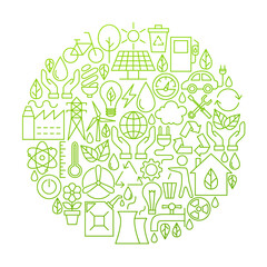 Fototapeta na wymiar Ecology Line Icon Circle Design. Vector Illustration of Green Power and Environment Objects.