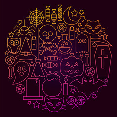 Halloween Line Icon Circle Concept. Vector Illustration of Scary Holiday Objects.
