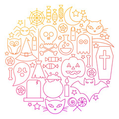 Halloween Line Icon Circle Design. Vector Illustration of Scary Holiday Objects.