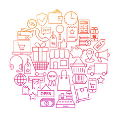 Shopping Line Icon Circle Design. Vector Illustration of Online Retail and Market Objects.