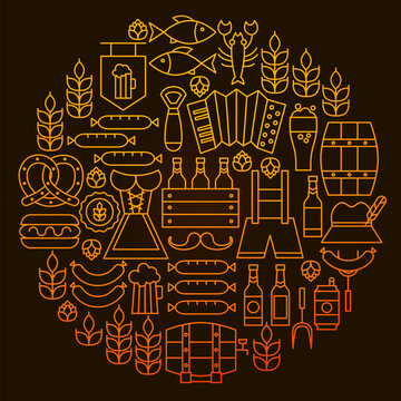 Oktoberfest Line Icon Circle Concept. Vector Illustration of Alcohol Beer Objects.