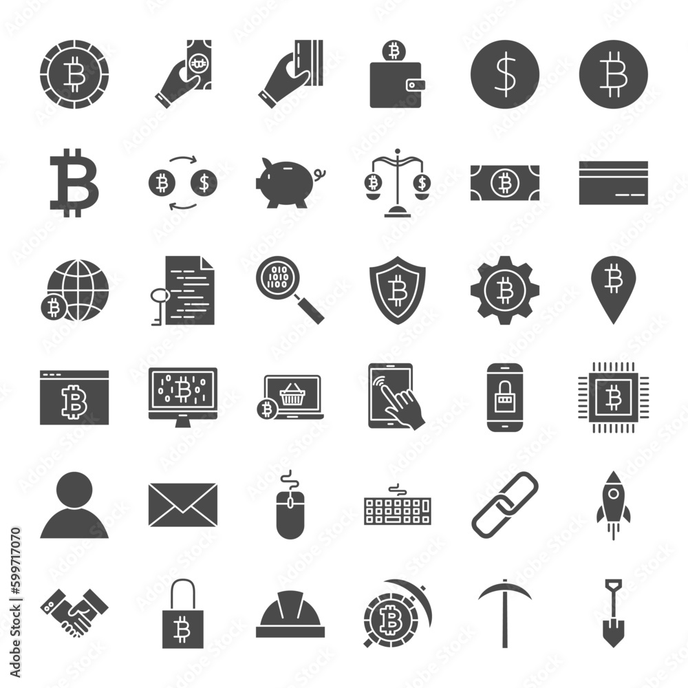 Poster cryptocurrency solid web icons. vector set of bitcoin glyphs.