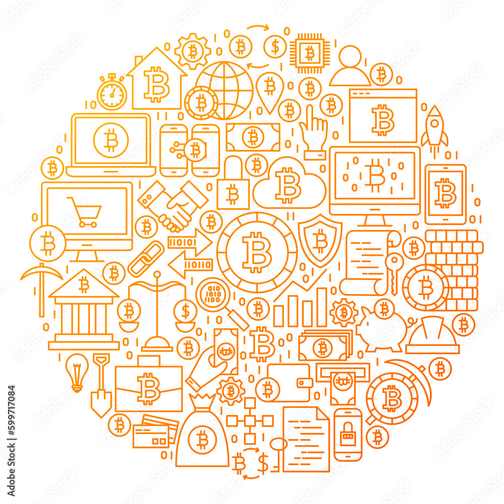 Poster bitcoin line icon circle design. vector illustration of cryptocurrency objects isolated over white.