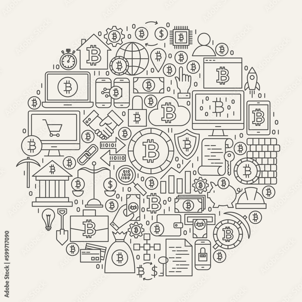 Poster bitcoin line icons circle. vector illustration of cryptocurrency outline objects.