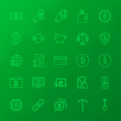Crypto Currency Line Icons. Vector Set of Outline Bitcoin Items over Blurred Background.