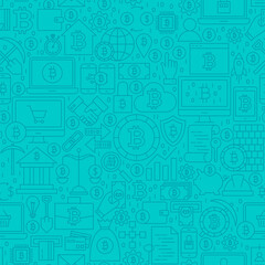 Fototapeta premium Blue Cryptocurrency Line Tile Pattern. Vector Illustration of Outline Tile Background. Bitcoin Financial Items.